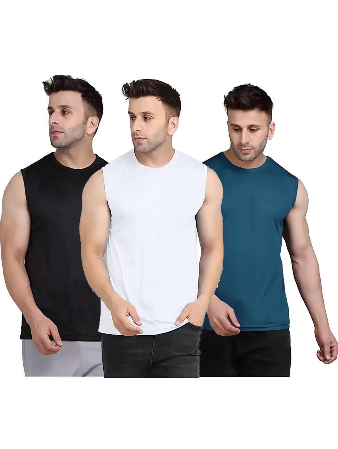 Image of Think Tech Solid Men Round Neck Black, White, Blue T-Shirt