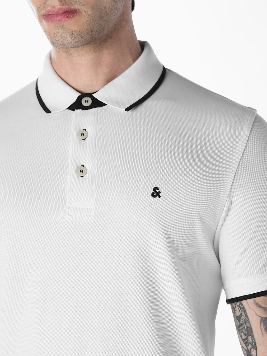 Image of JACK & JONES Colorblock Men Polo Neck White T-Shirt
