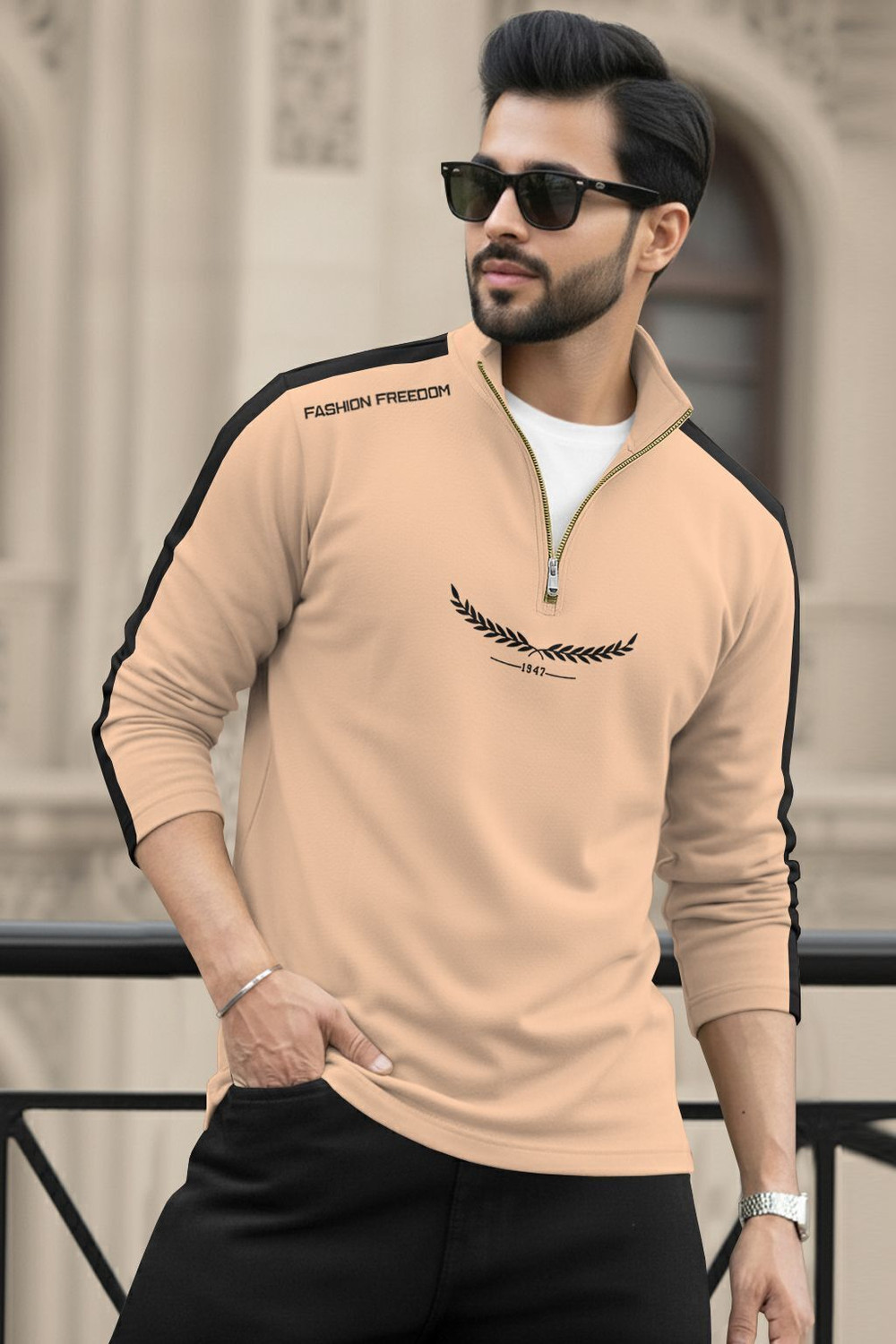 Image of TRIPR Printed Men Henley Neck Beige, Black T-Shirt