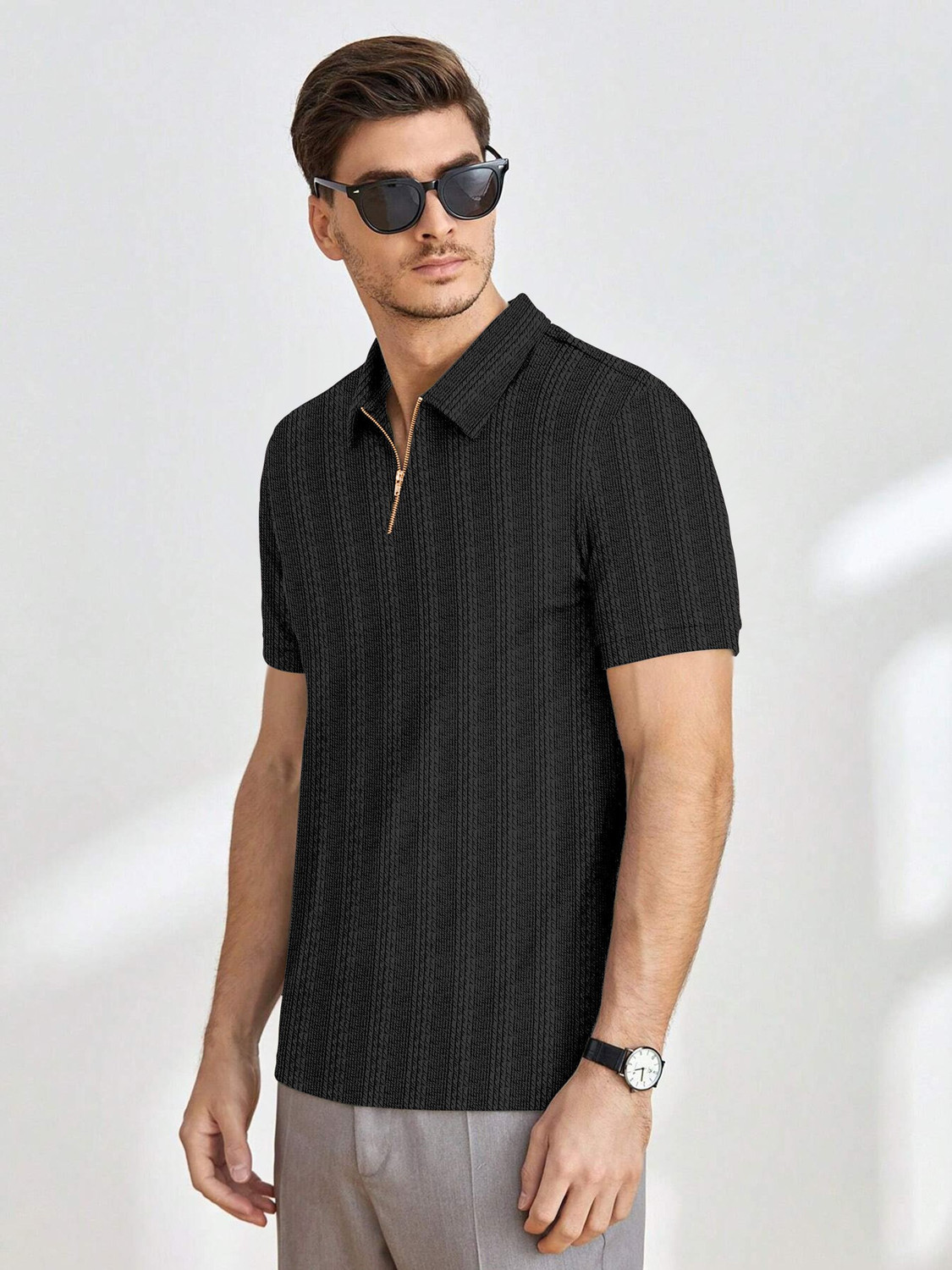 Image of COMBRAIDED Striped Men Zip Neck Black T-Shirt