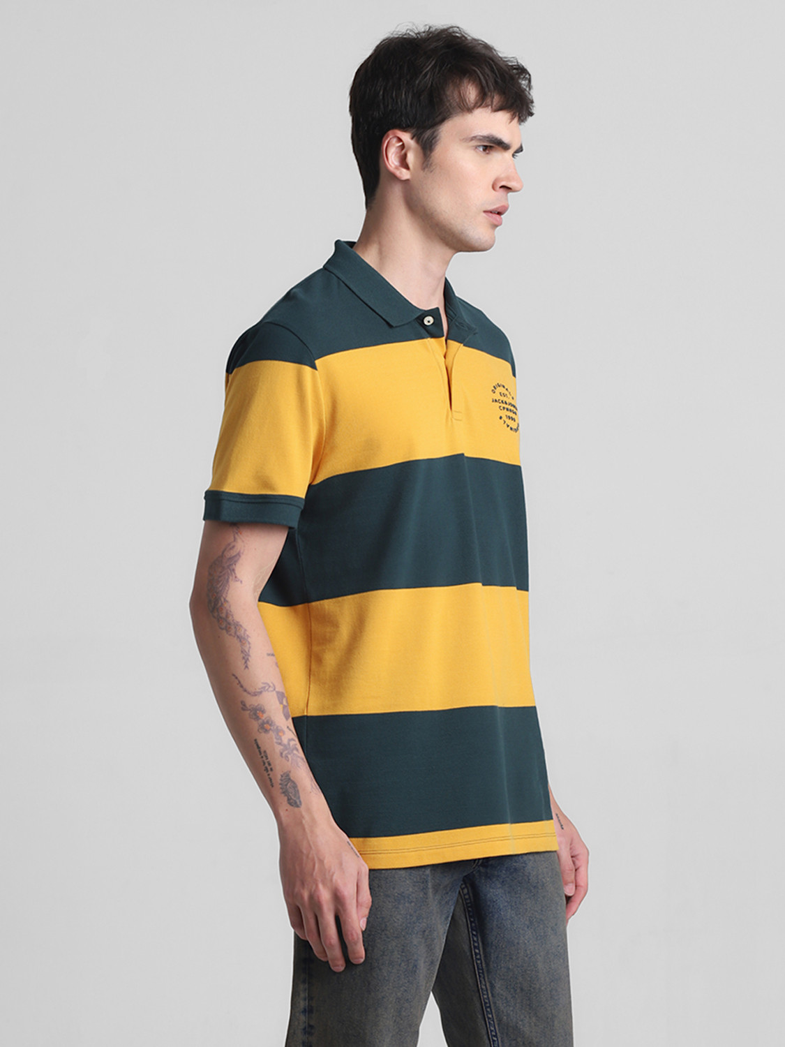 Image of JACK & JONES Striped Men Polo Neck Yellow T-Shirt
