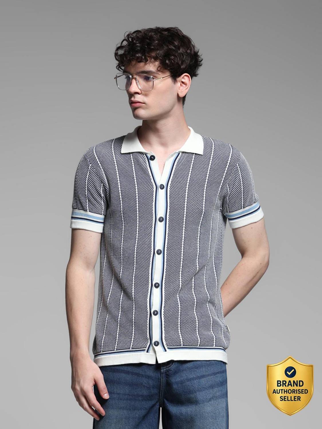 JACK & JONES Striped Grey Polo Neck T-Shirt - Image 1