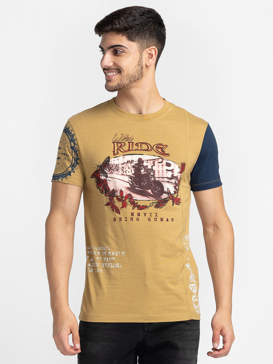 Image of BEING HUMAN Printed Men Round Neck Beige T-Shirt