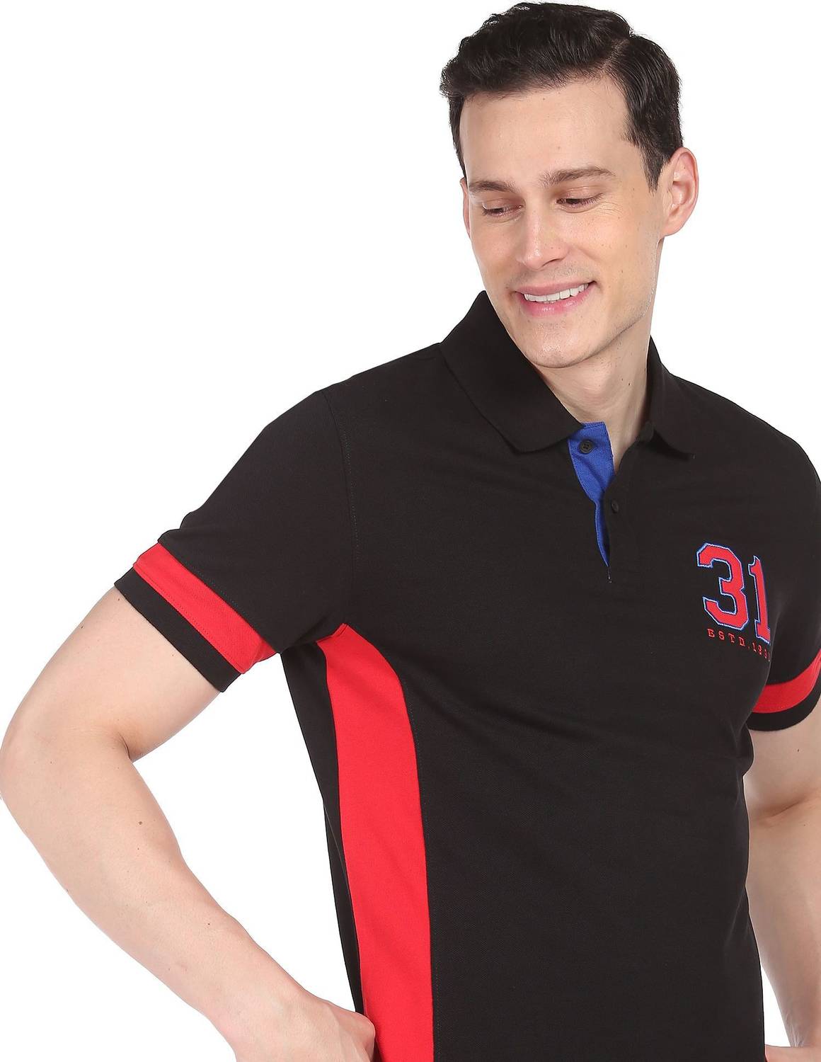 AD by Arvind Colorblock Men Polo Neck Black T-Shirt