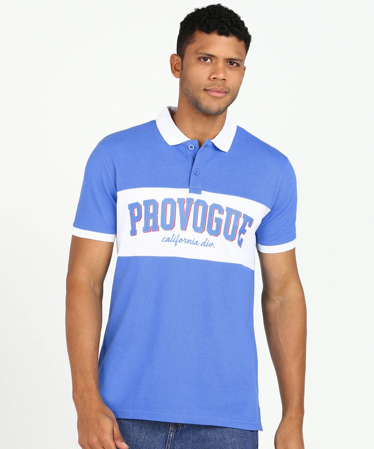 PROVOGUE Men Typography Polo Neck Cotton Blend Light Blue T-Shirt