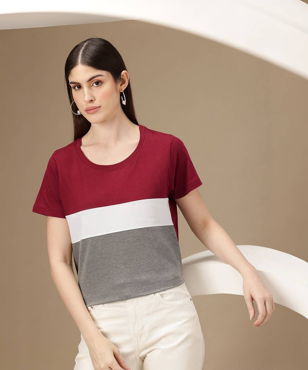 CHEMISTRY Colorblock Women Round Neck Maroon T-Shirt