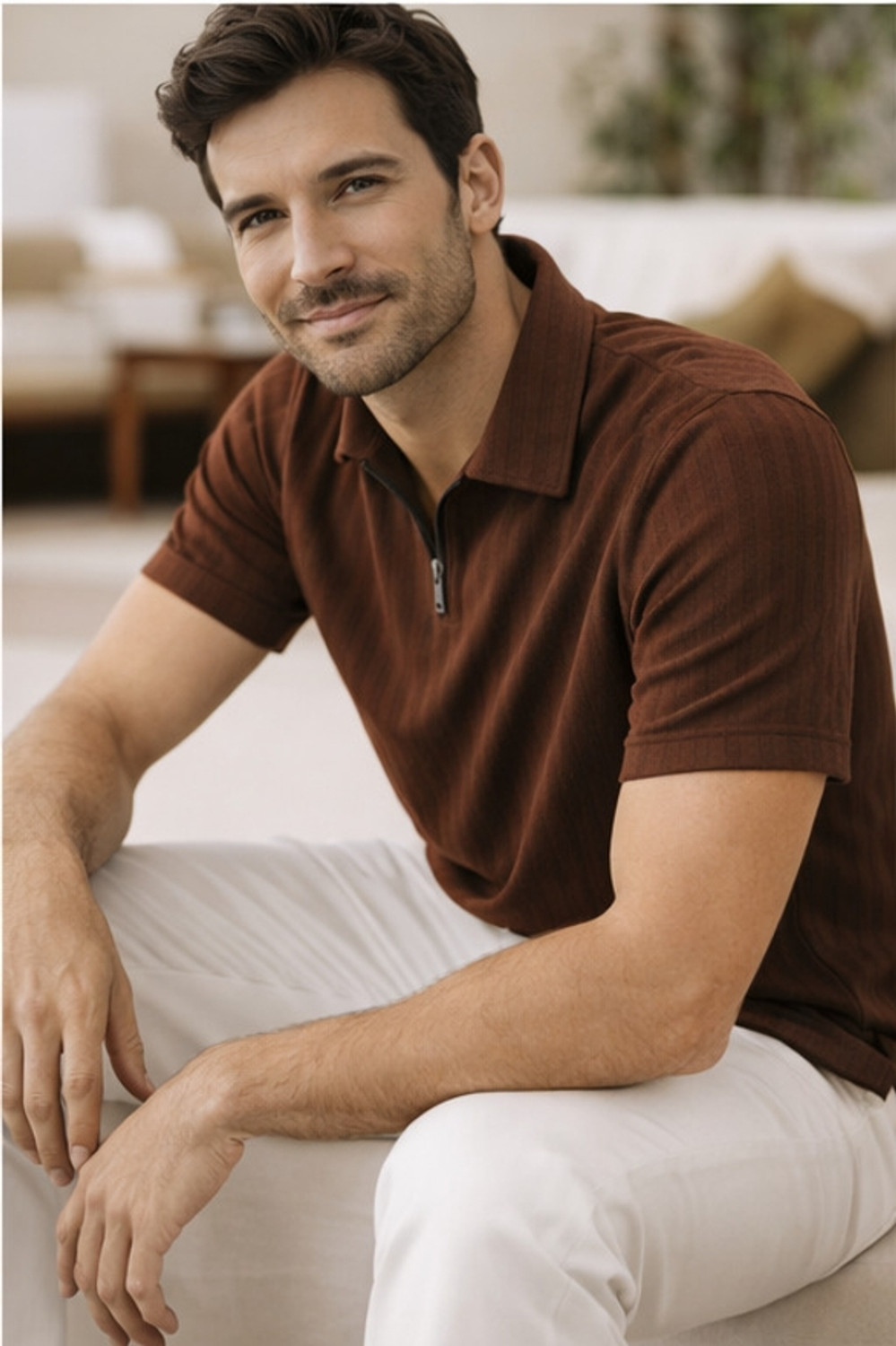 Image of Fabflee Solid Men Polo Neck Brown T-Shirt