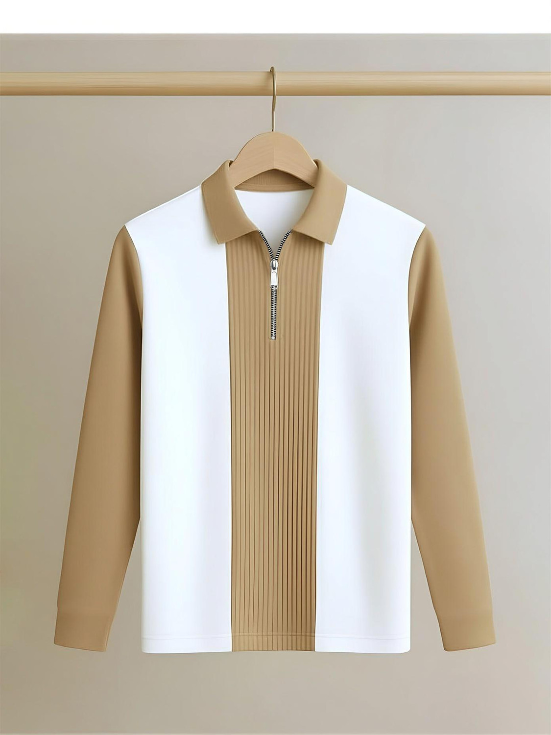 Image of AUSK Colorblock Men Polo Neck Beige, White T-Shirt