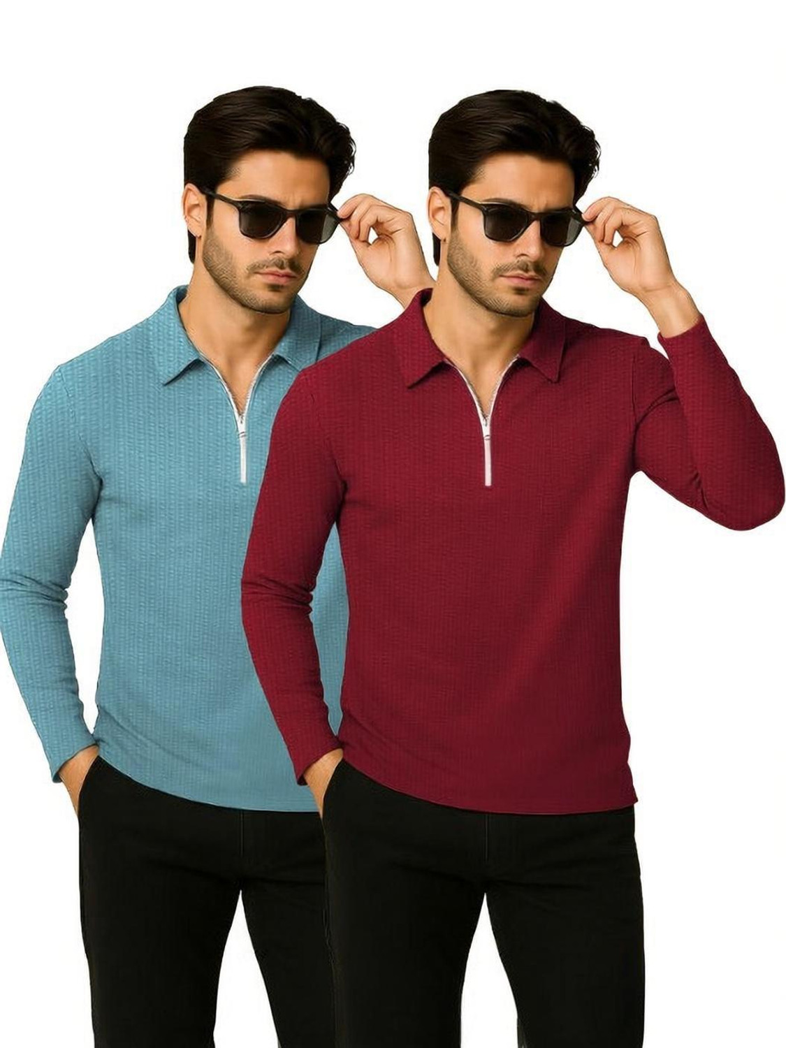 Image of HELMONT Striped Men Zip Neck Maroon, Green T-Shirt