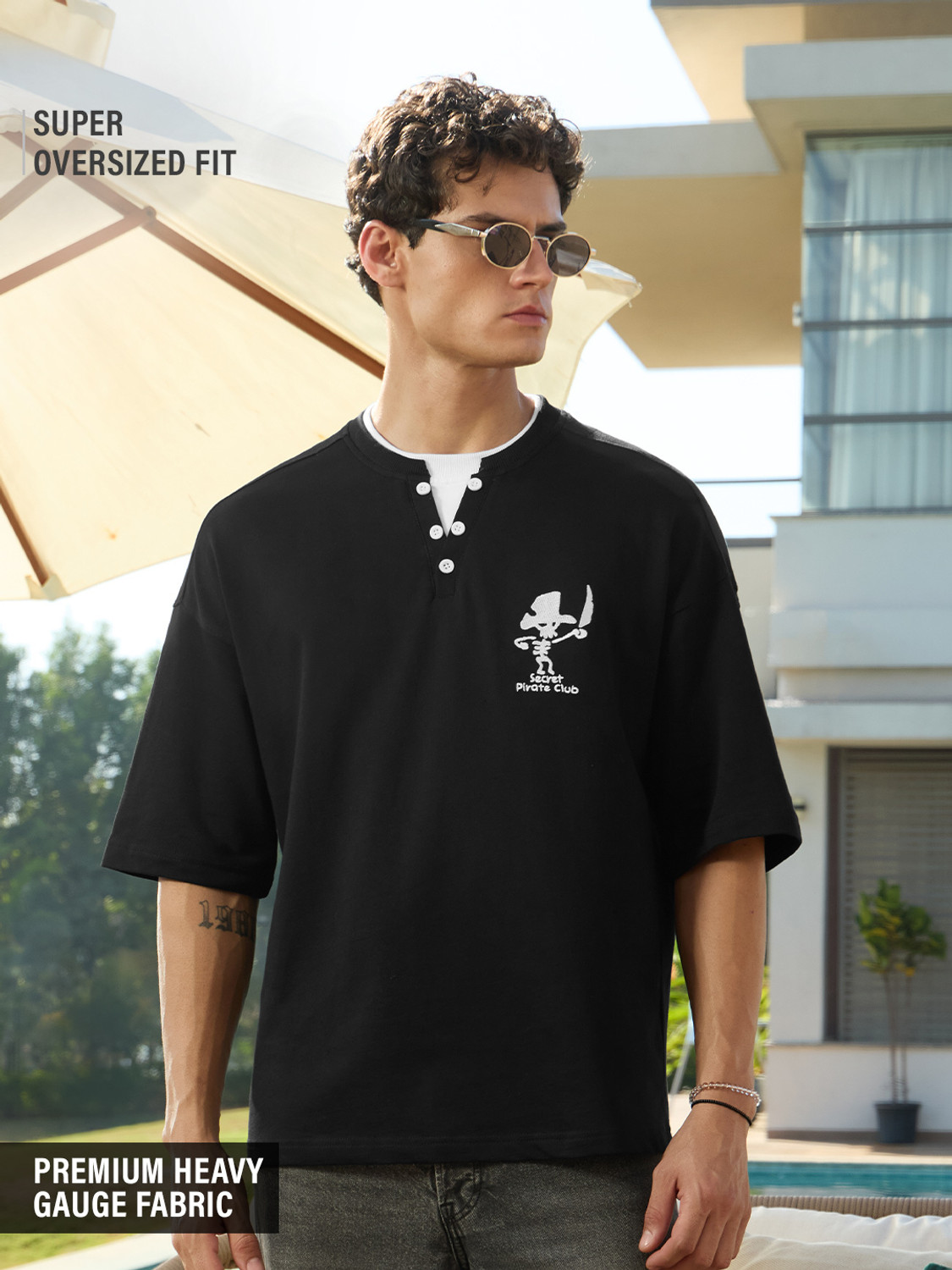 Image of The Souled Store Printed Men Henley Neck Black T-Shirt