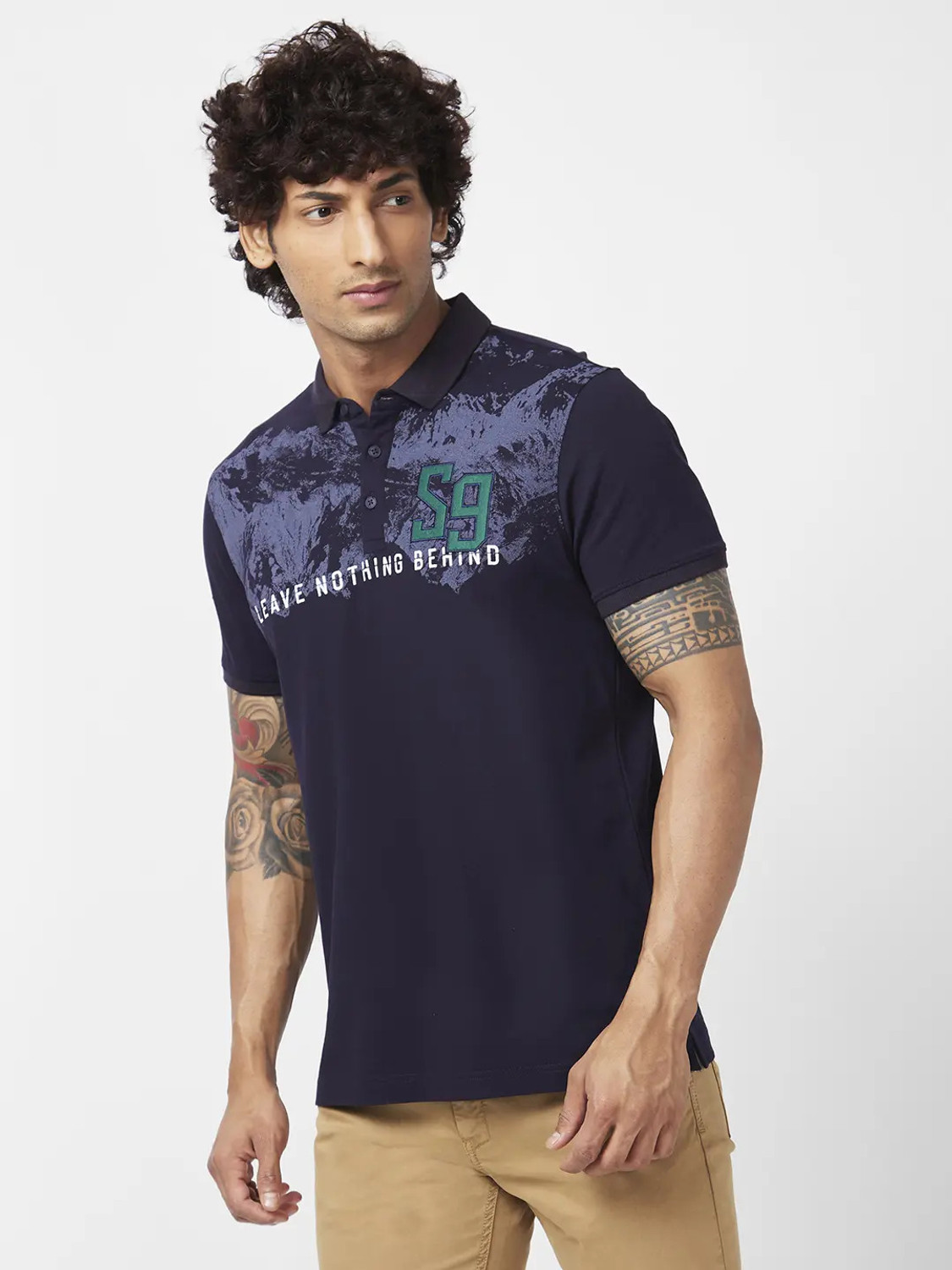 Image of Spykar Printed Men Polo Neck Blue T-Shirt