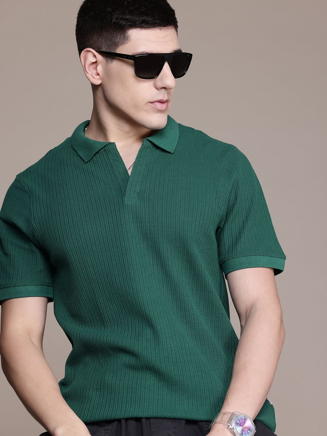 Image of Roadster Self Design Men Polo Neck Green T-Shirt