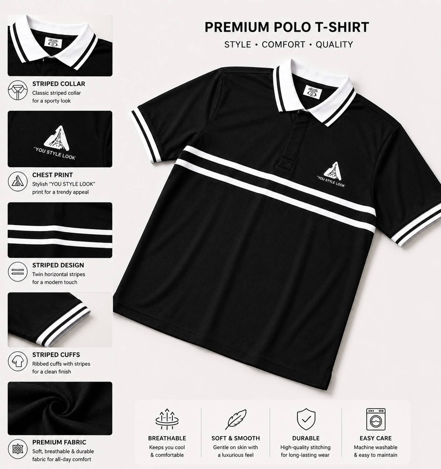 Tshirt Men Polo Neck White, Black Striped Pack of 2 - Image 4
