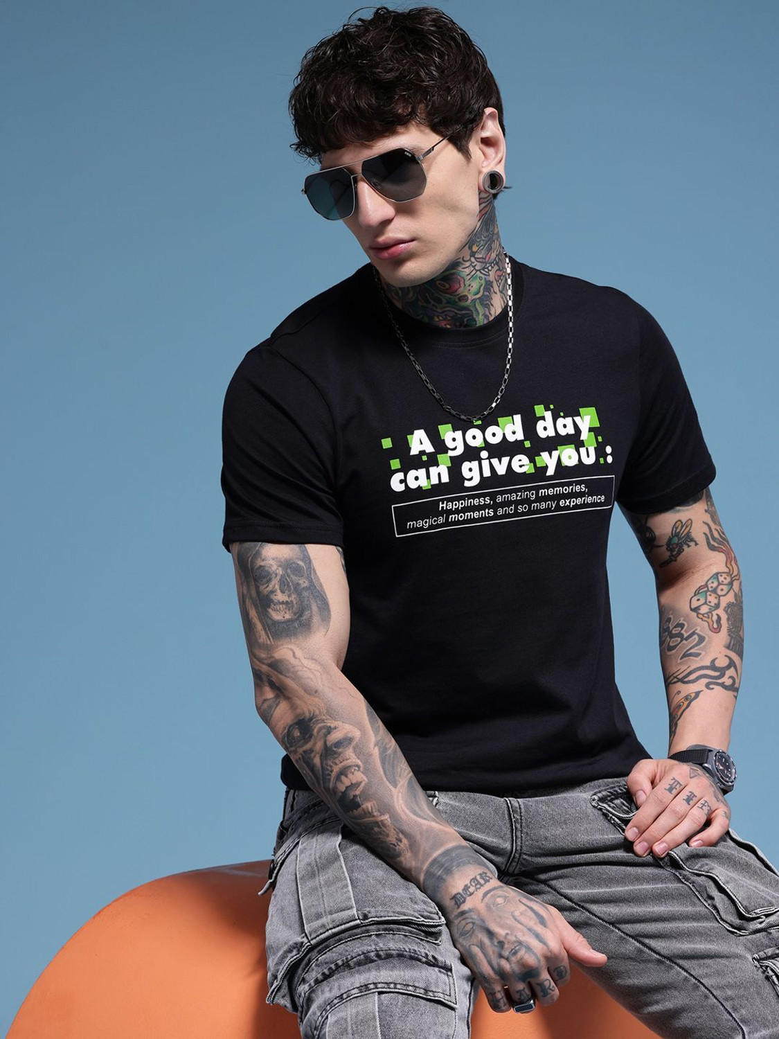 Image of HERE&NOW Printed Men Round Neck Black T-Shirt