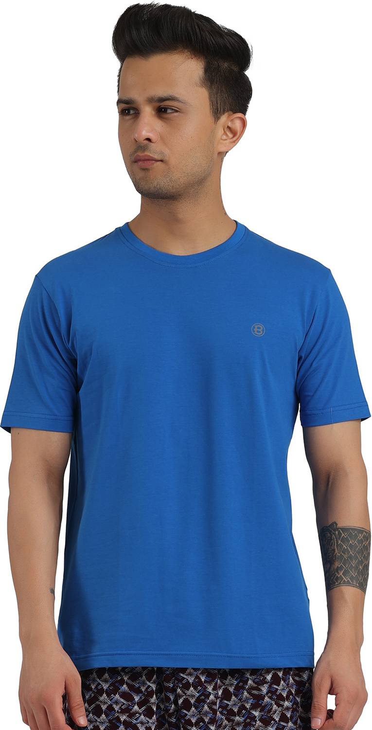Bumchums Solid Men Round Neck Blue T-Shirt