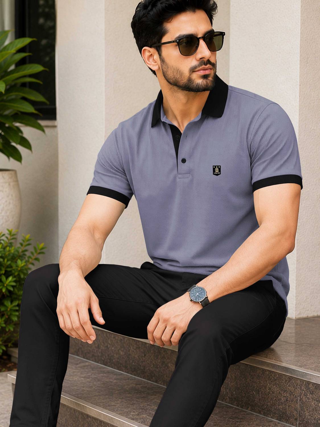 VeBNoR Men Grey Polo Neck T-Shirt - Image 3