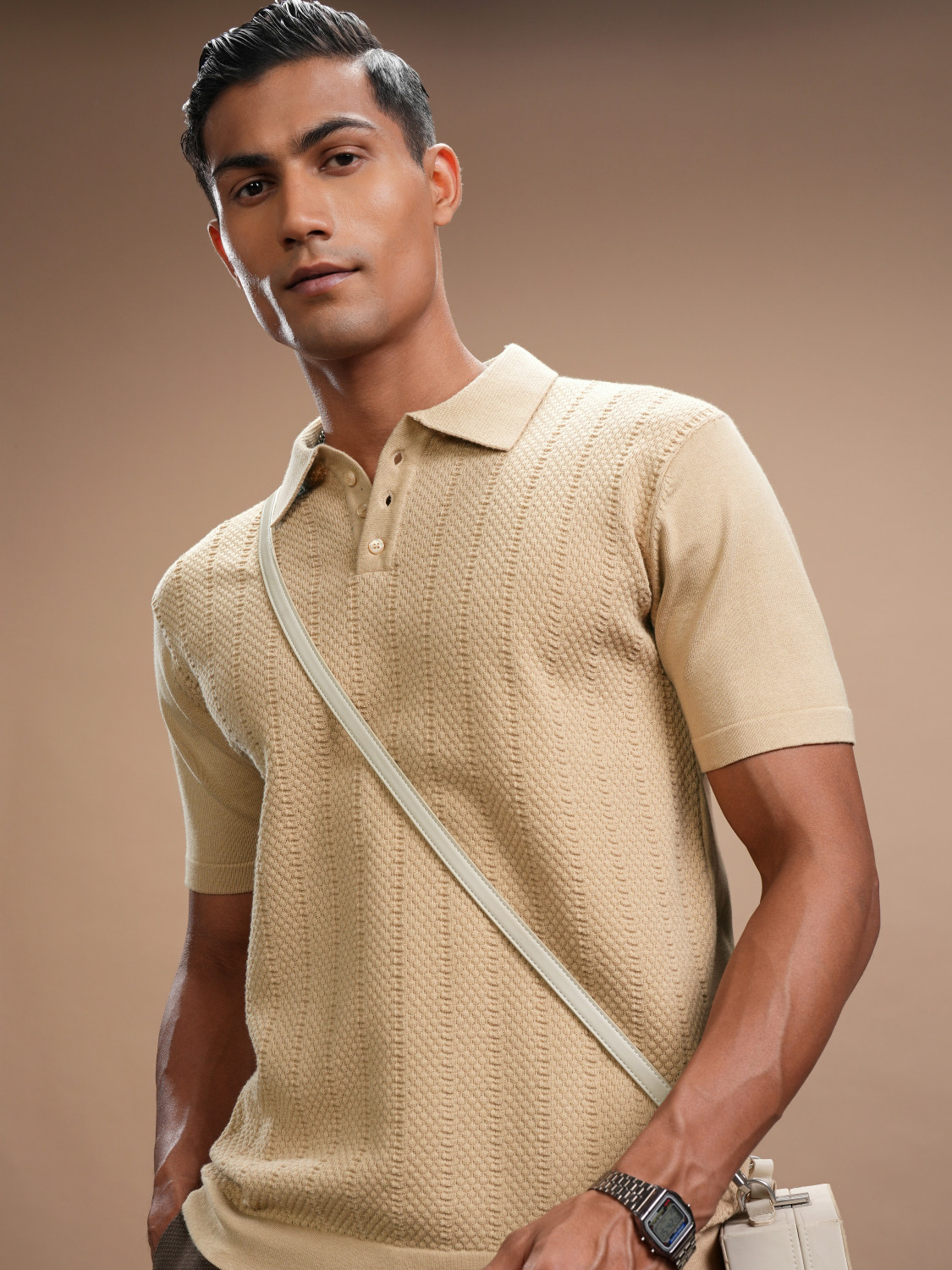 Image of HIGHLANDER Self Design Men Polo Neck Beige T-Shirt