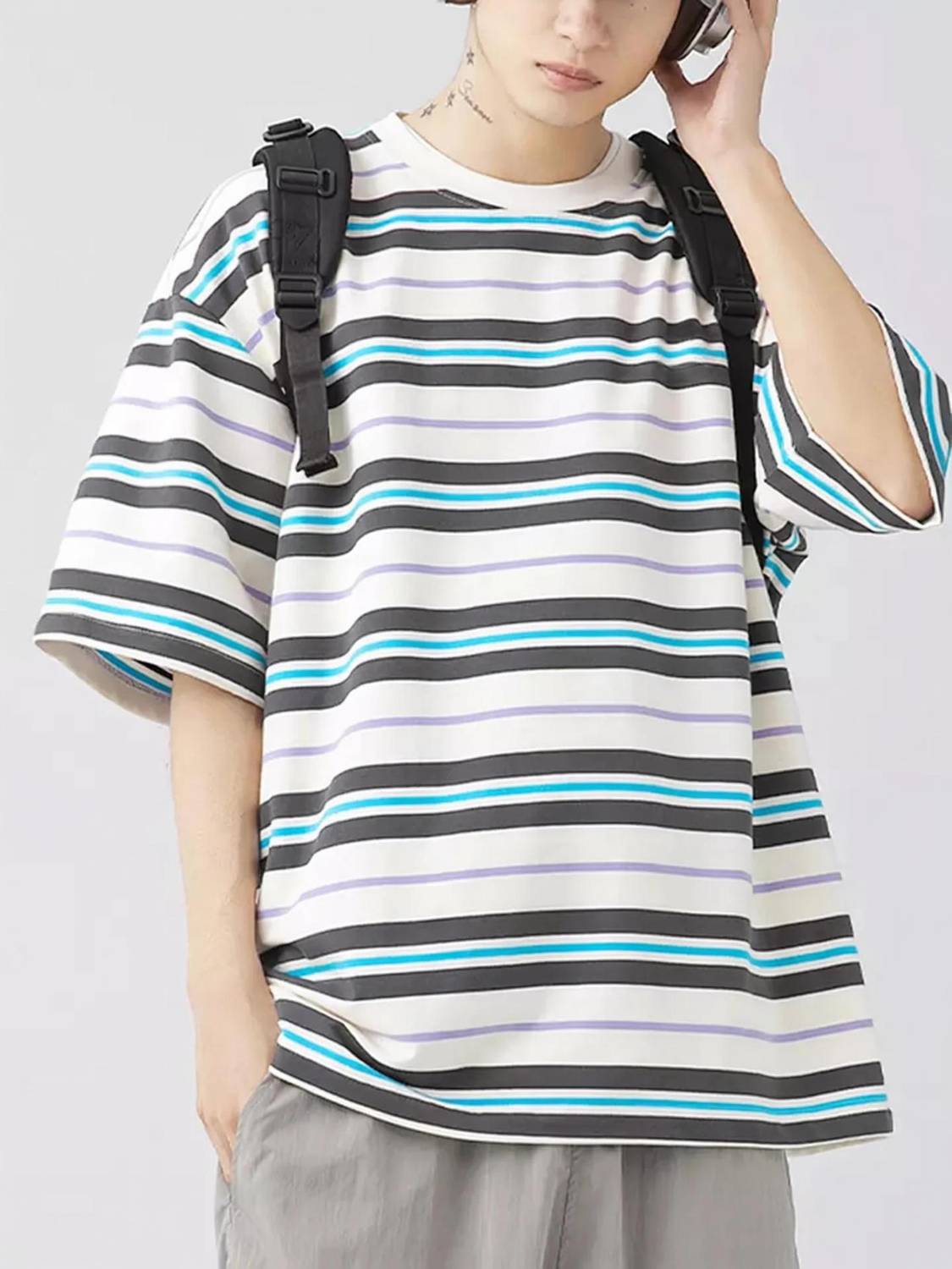 Lauren Adams Striped Men Round Neck Beige T-Shirt
