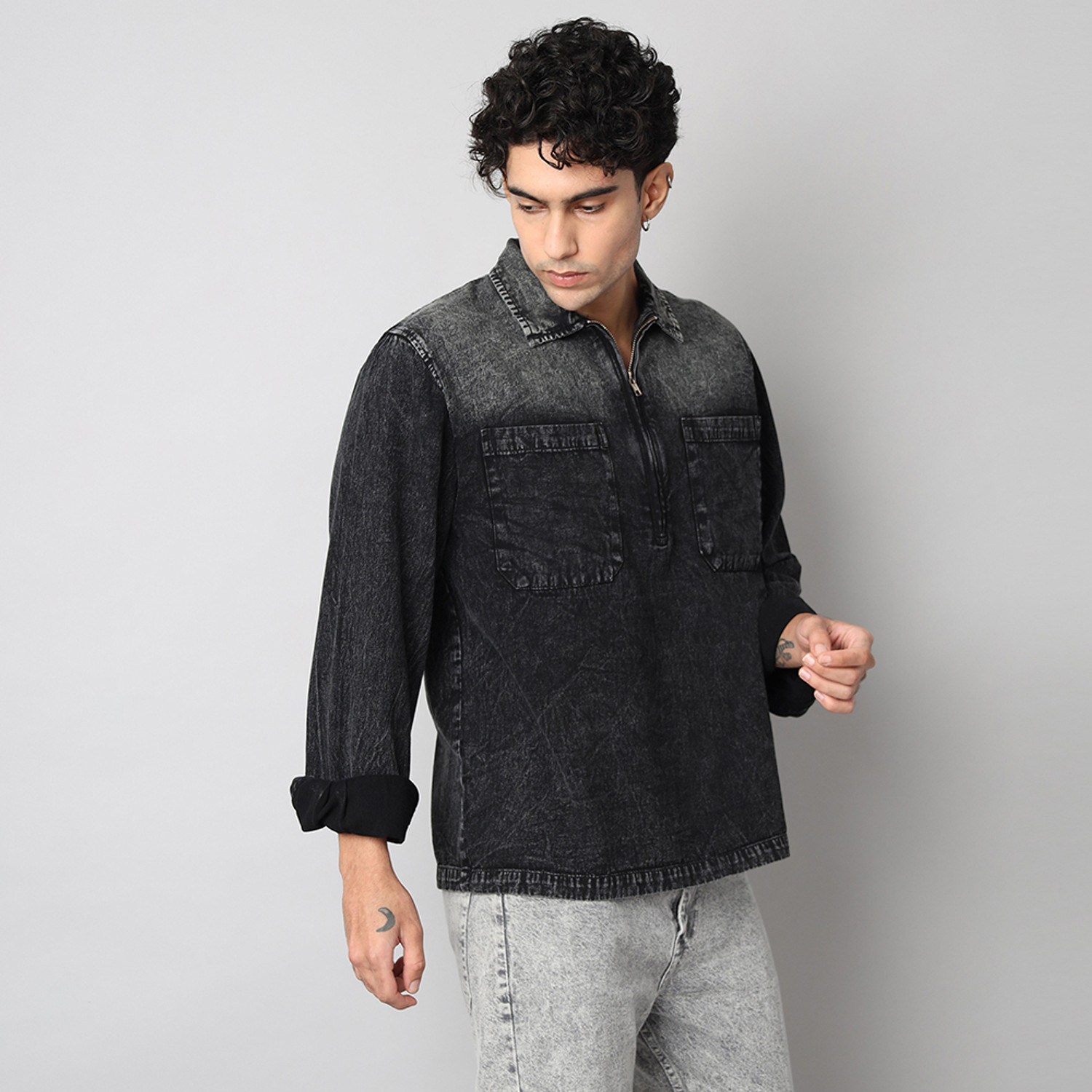 Image of D Finish Men Washed Casual Black Shirt