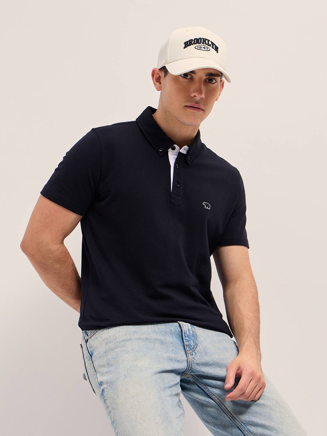 THE BEAR HOUSE Men Solid Polo Neck Pure Cotton Dark Blue T-Shirt