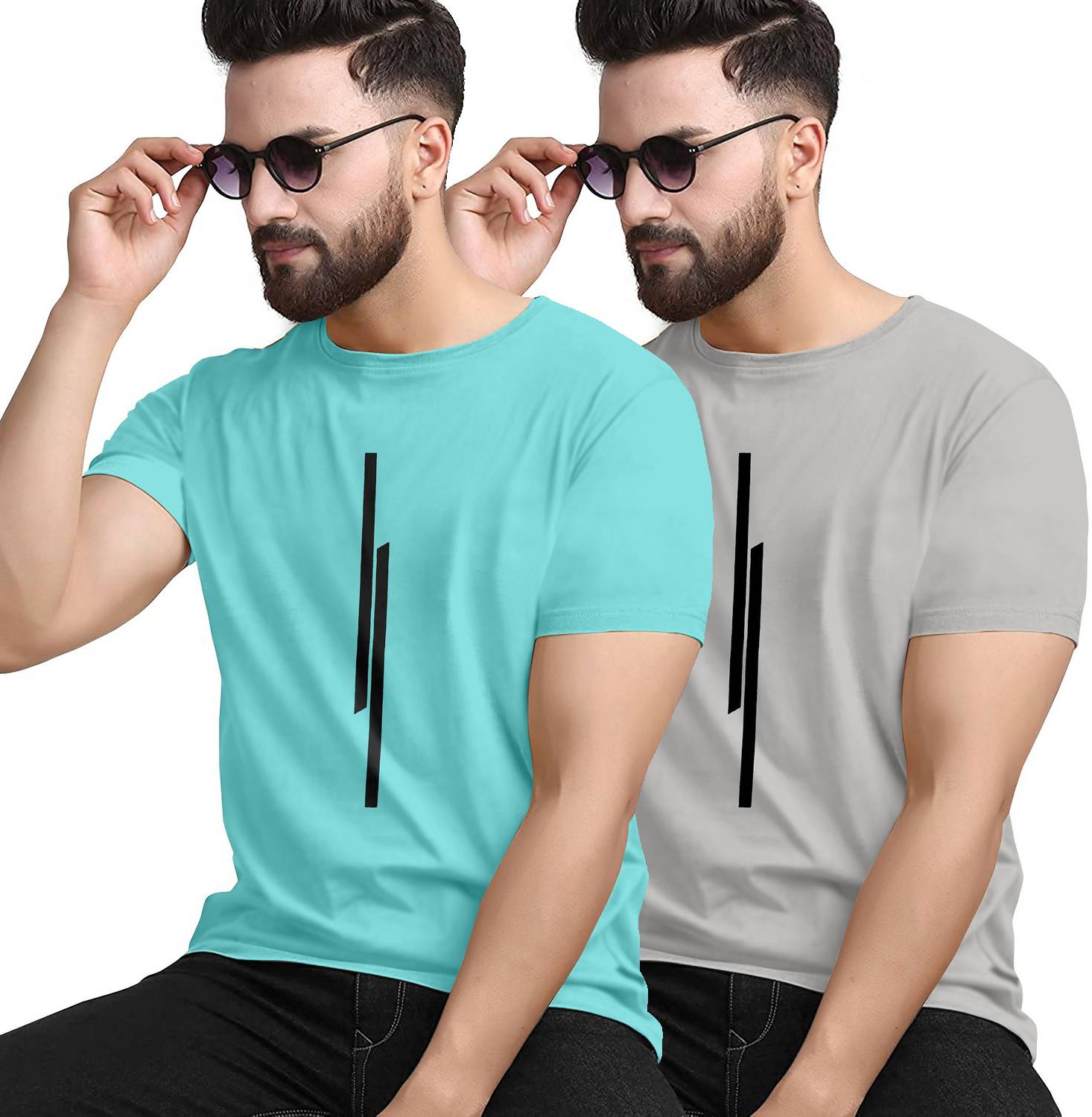 KAJARU Pack of 2 Men Striped Round Neck Polyester Grey, Blue T-Sh