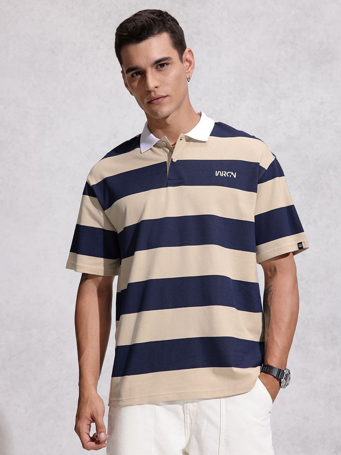 Image of WROGN Striped Men Polo Neck Beige T-Shirt