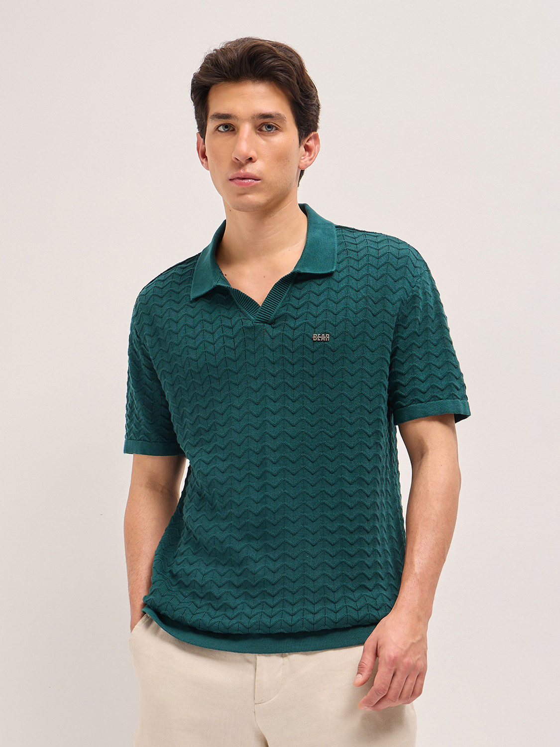 Image of THE BEAR HOUSE Self Design Men Polo Neck Green T-Shirt