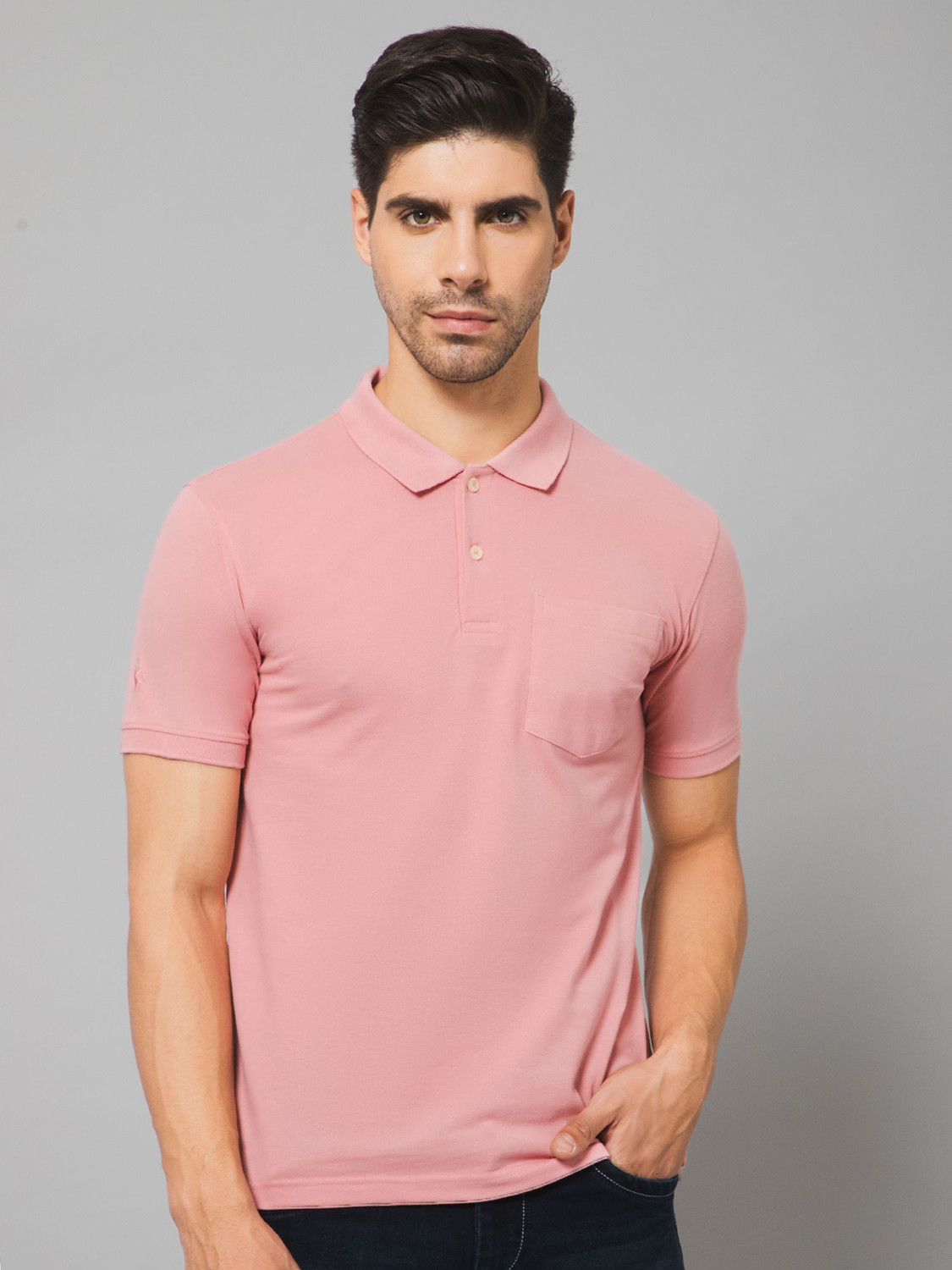 Image of CANTABIL Solid Men Polo Neck Pink T-Shirt