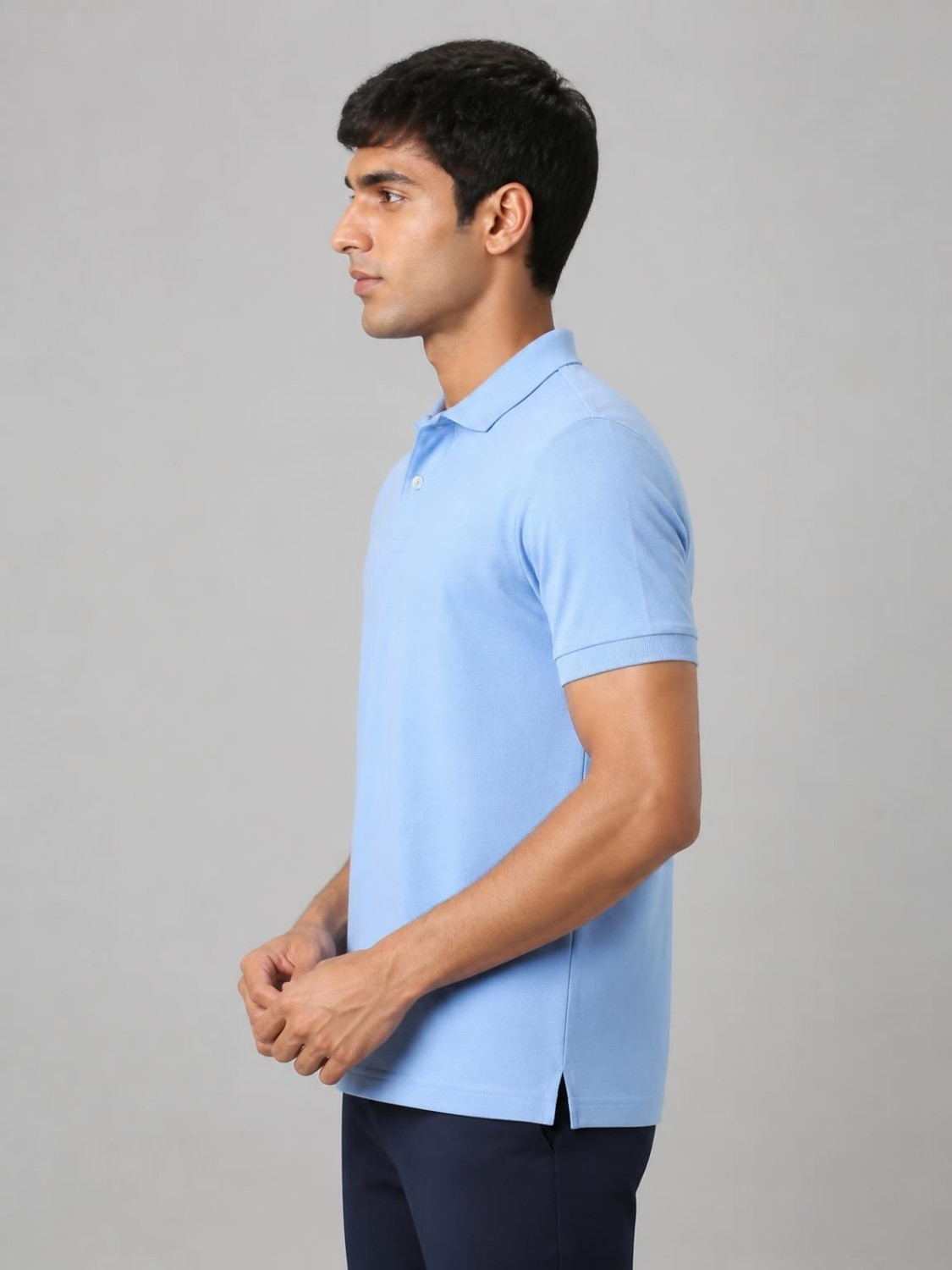 Image of Allen Solly Men Solid Polo Neck Cotton Blend Light Blue T-Shirt