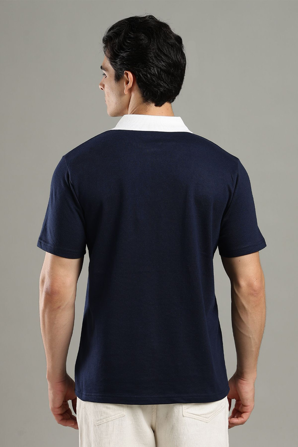 Image of SHINX Colorblock Men Polo Neck Navy Blue T-Shirt