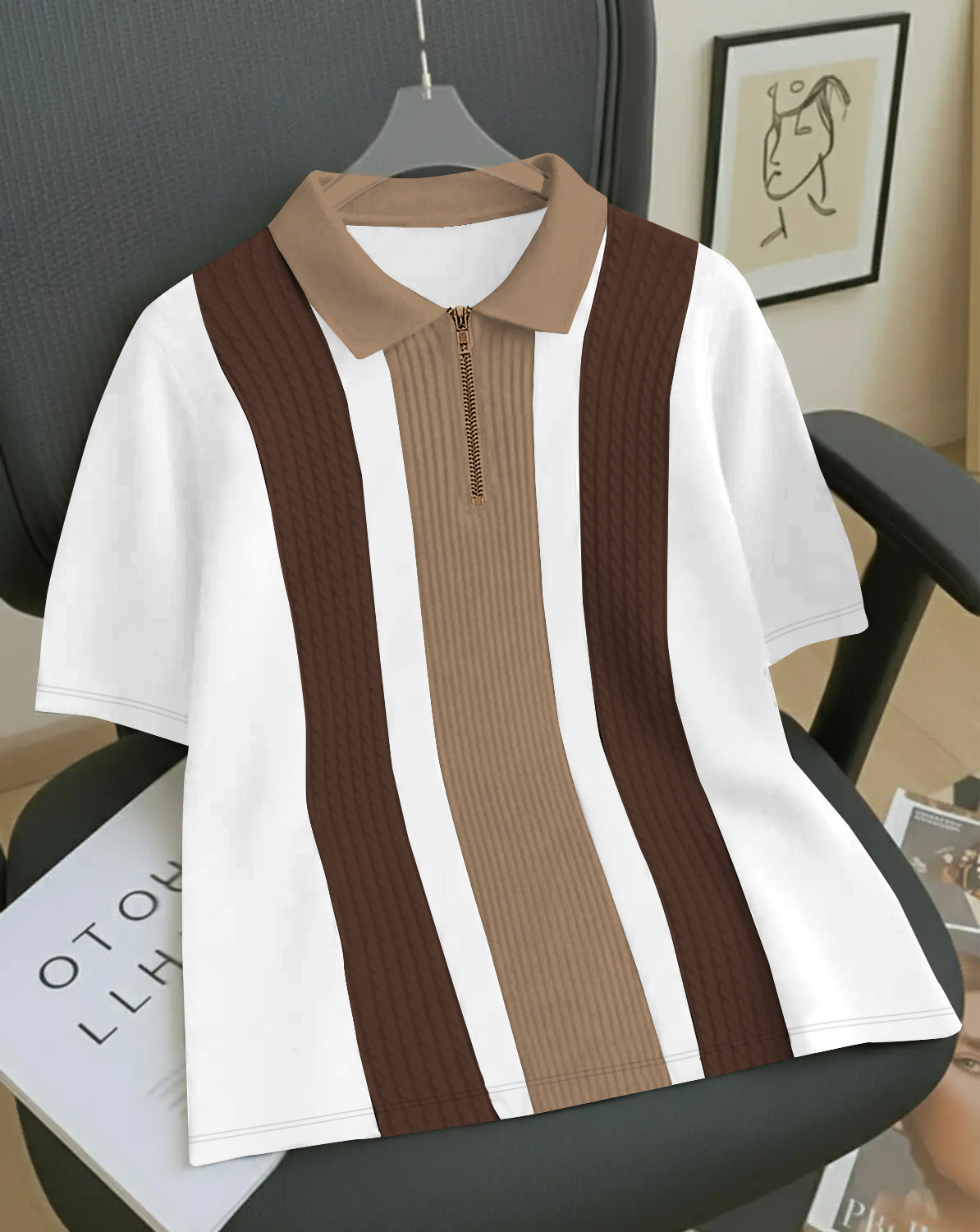 Image of KAJARU Striped, Self Design Men Polo Neck Beige, Brown, White T-Shirt