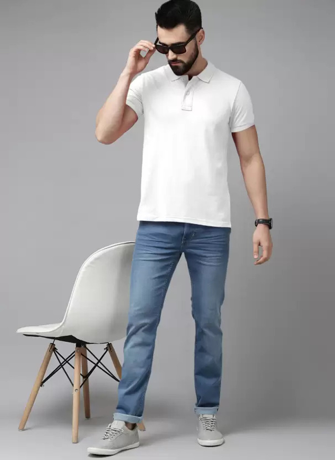 Image of iDOLESHOP Solid Men Polo Neck White T-Shirt