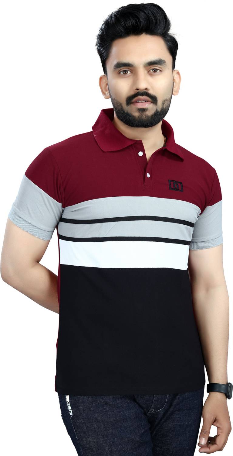 DyrectDeals Men Colorblock Polo Neck Polycotton Maroon T-Shirt