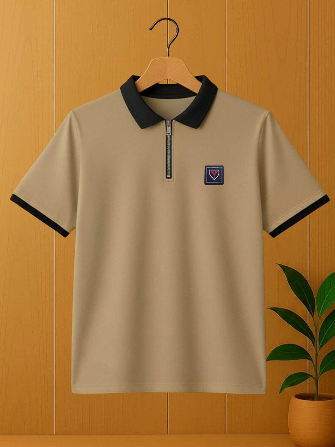 Yazole Men Solid Polo Neck Polycotton Beige T-Shirt