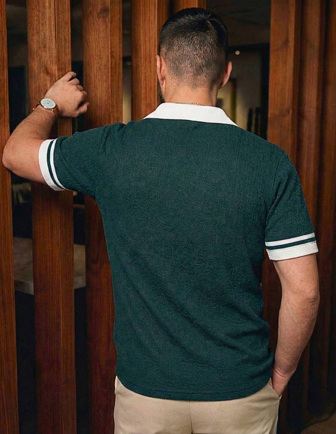 Try Checkered Men Zip Neck Beige T-Shirt - Image 2