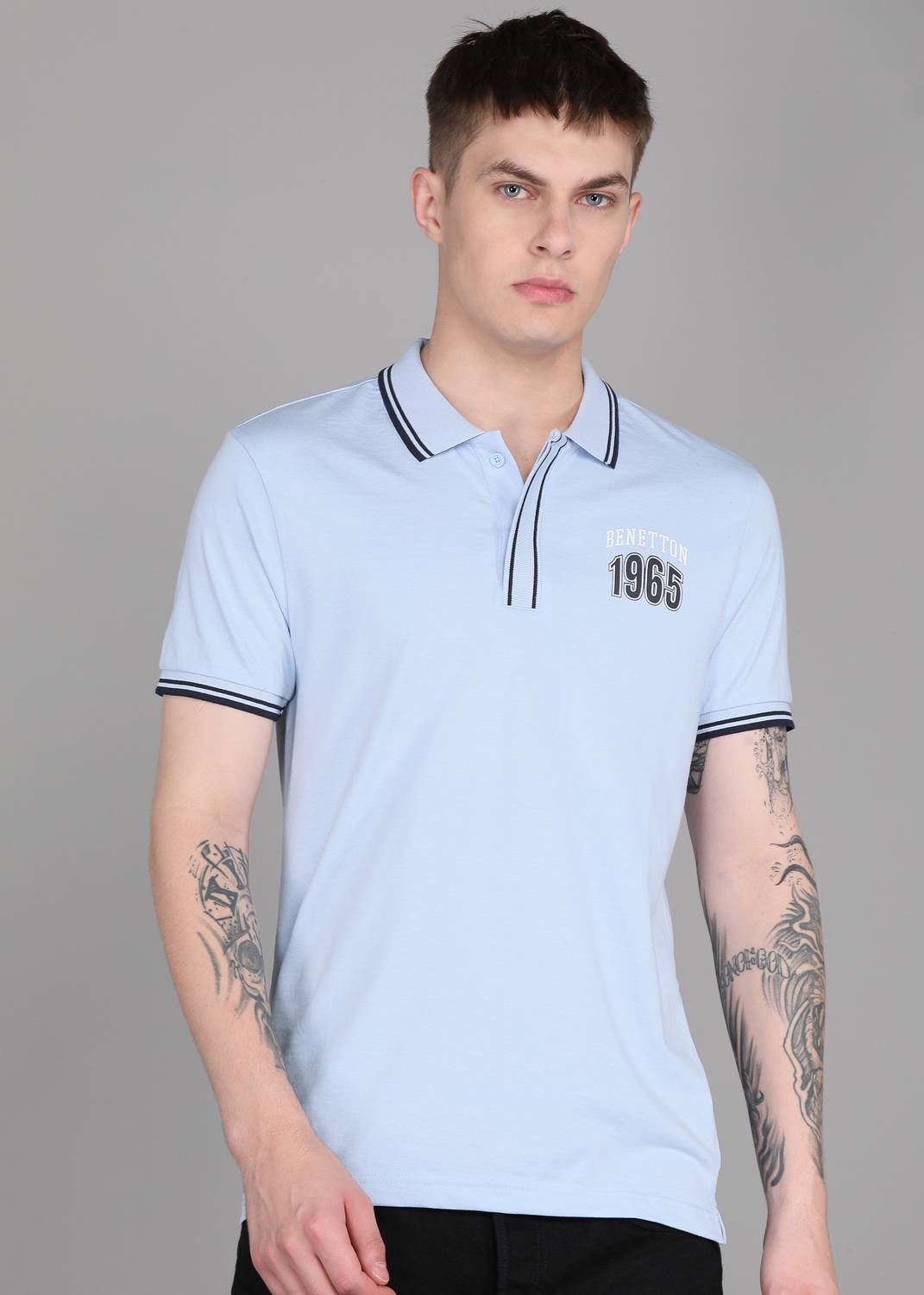 United Colors of Benetton Men Solid Polo Neck Cotton Blend Blue T