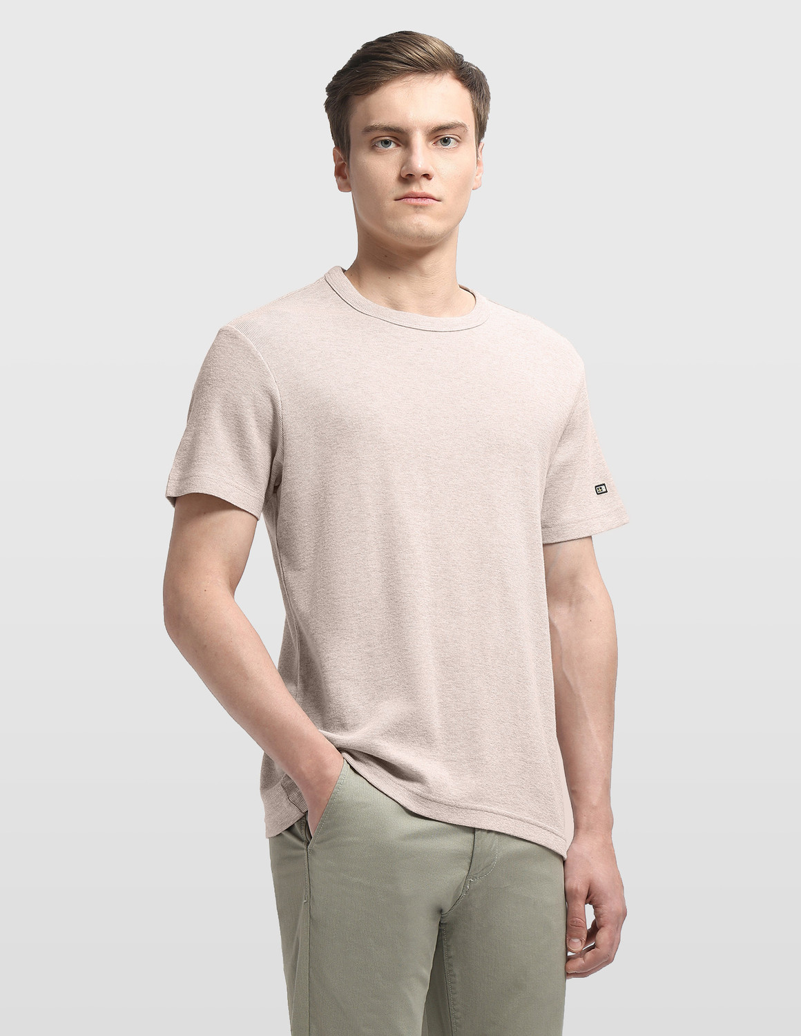 Image of Arrow Sport Self Design Men Crew Neck Beige T-Shirt