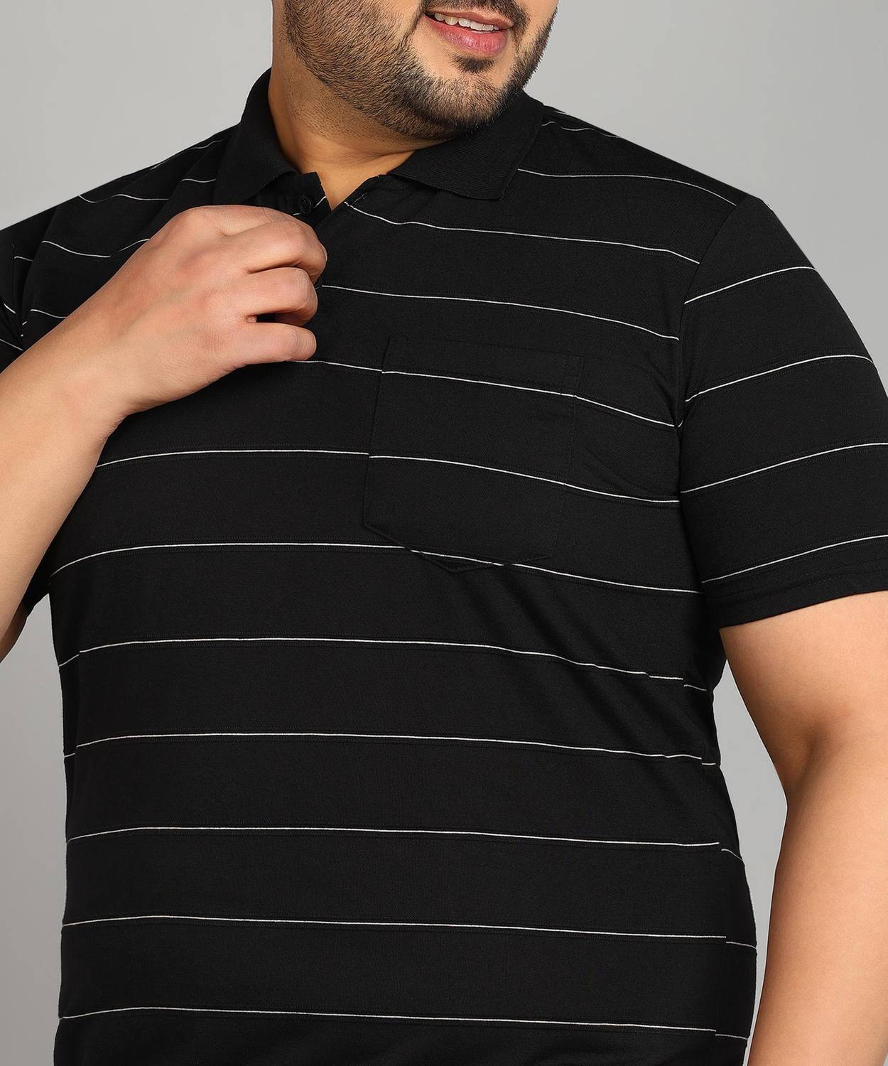 INKKR Men Striped Polo Neck Cotton Blend Black T-Shirt