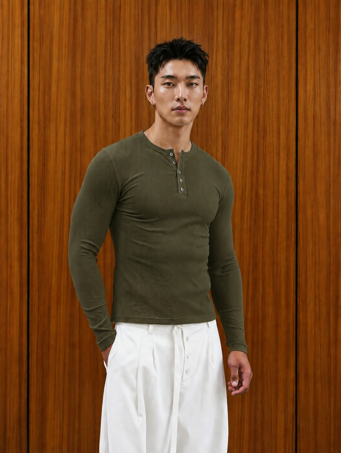 Image of Rockwell Self Design Men Henley Neck Green T-Shirt