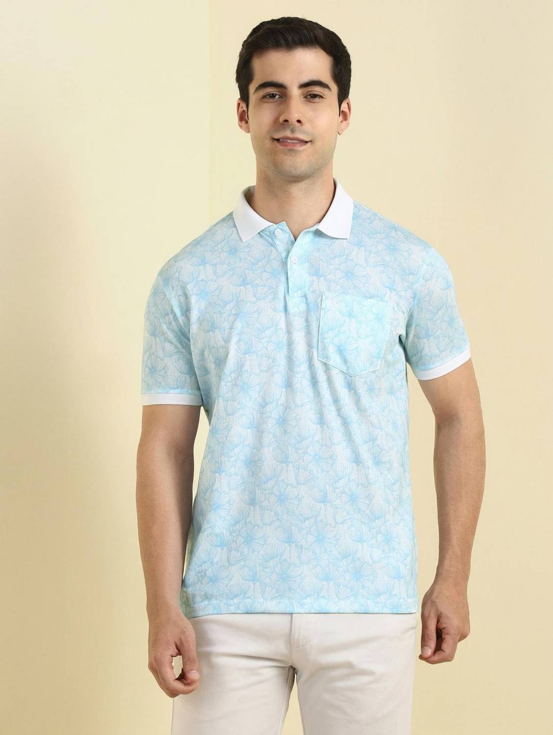 Allen Solly Printed Men Polo Neck Light Blue T-Shirt