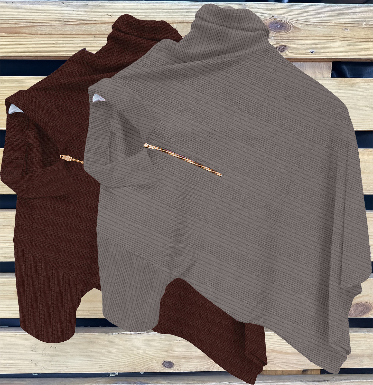 Image of KAJARU Self Design Men Zip Neck Brown, Grey T-Shirt