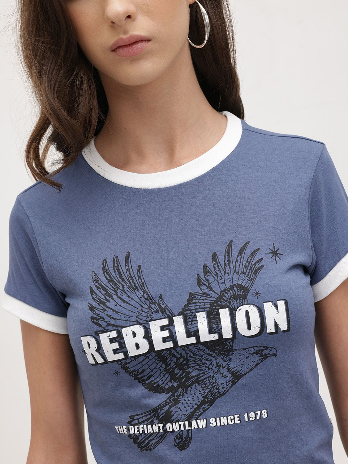 Image of Roadster Printed Women Round Neck Blue T-Shirt