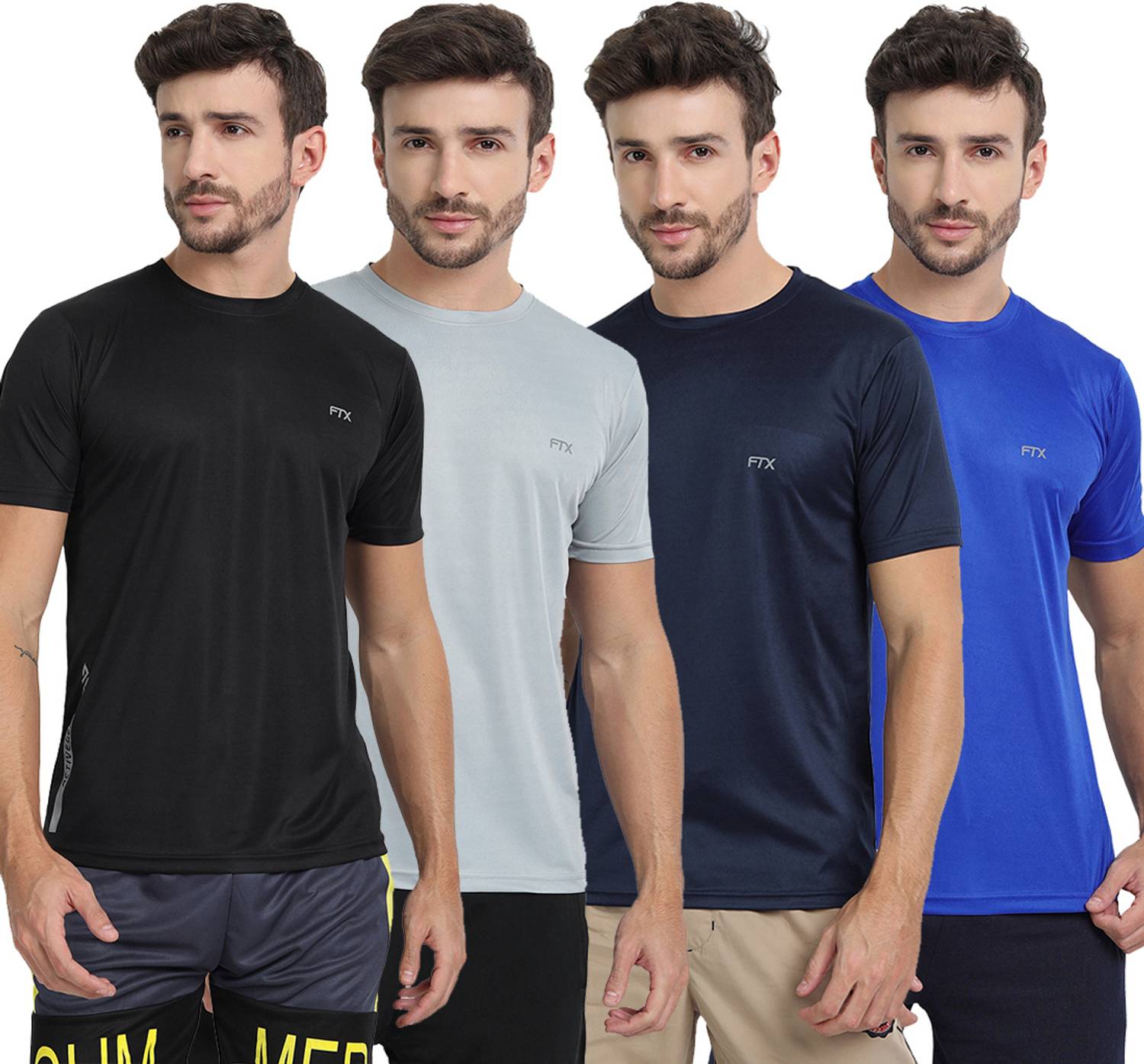 FTX Pack of 4 Men Solid Round Neck Polyester Multicolor T-Shirt