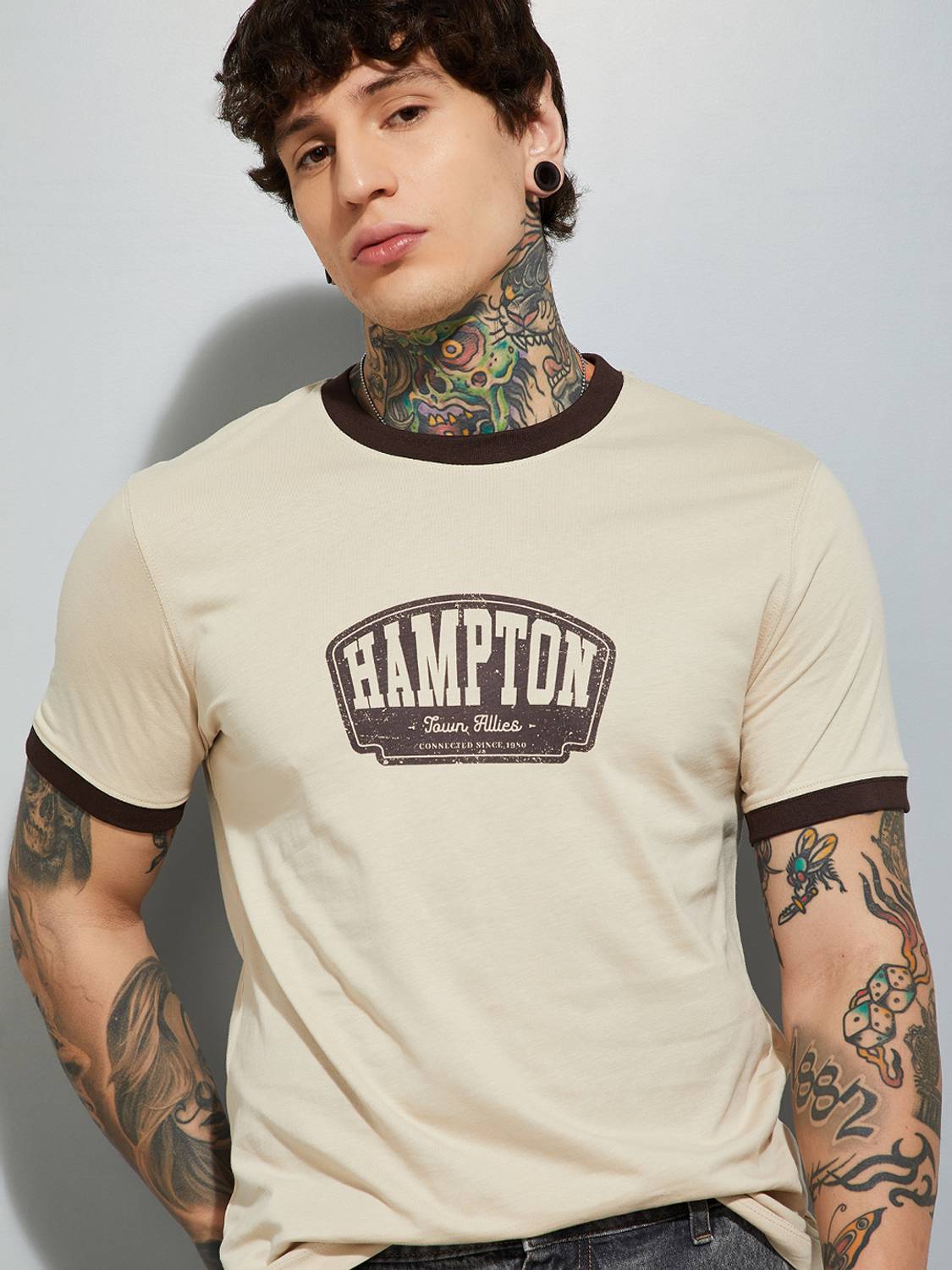 MAX Men Round Neck Beige Printed T-Shirt