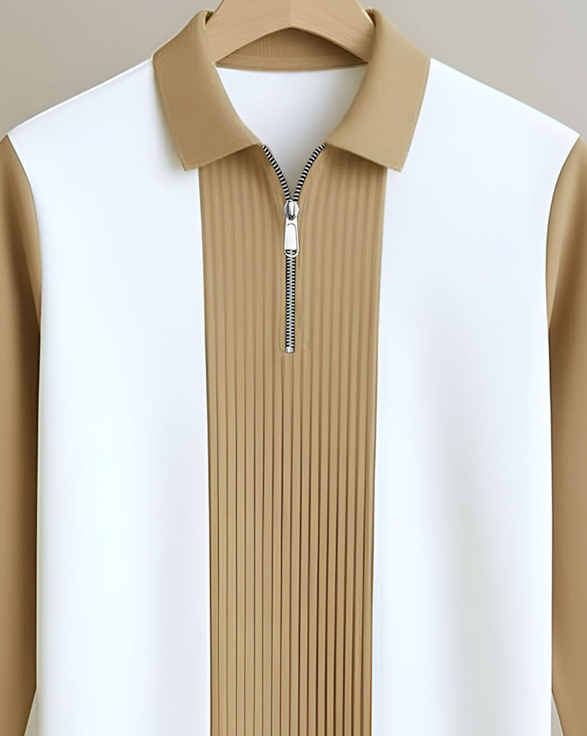 Image of AUSK Colorblock Men Polo Neck Beige, White T-Shirt