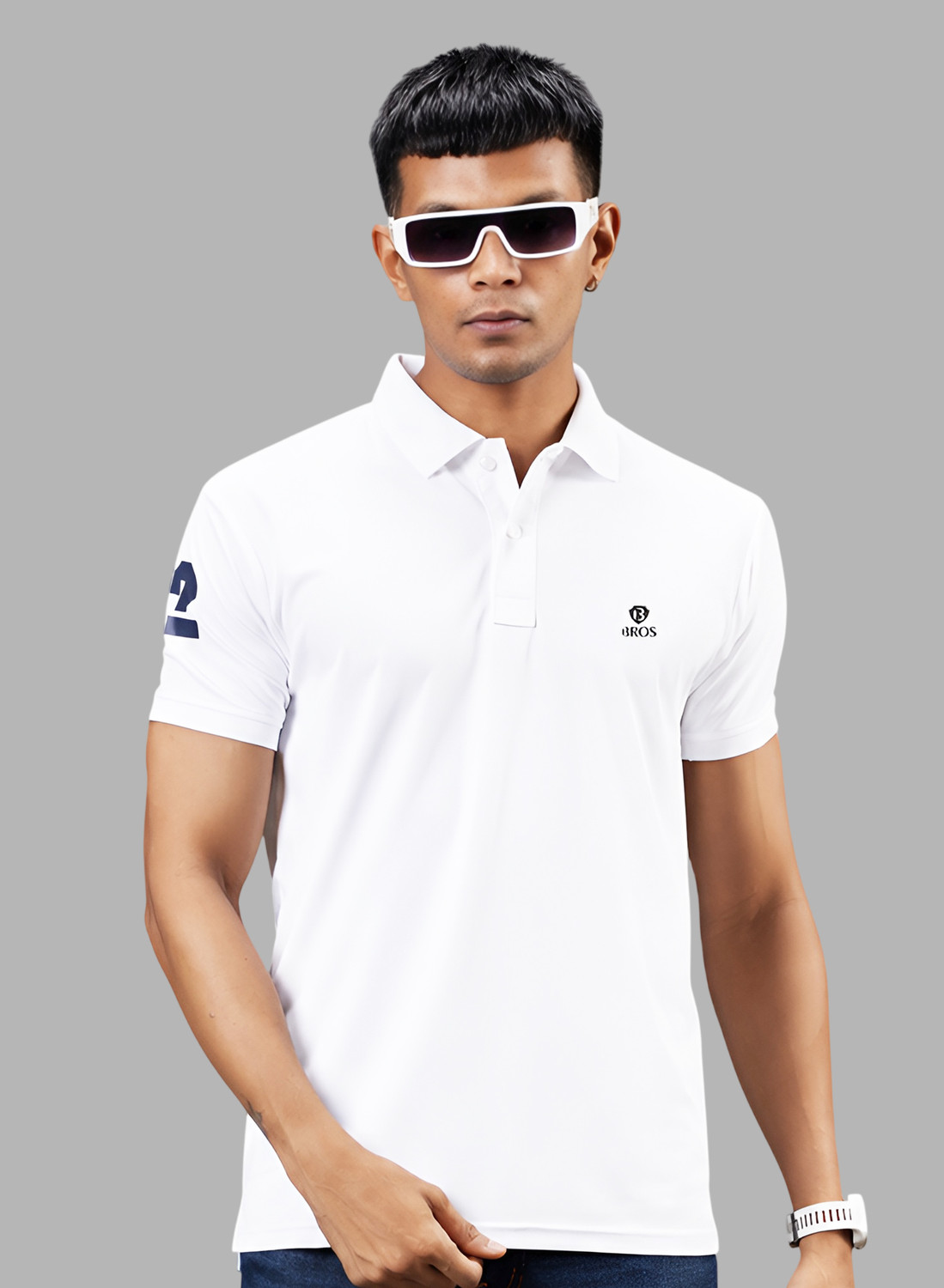 Image of 3BROS Printed Men Polo Neck White, Black T-Shirt