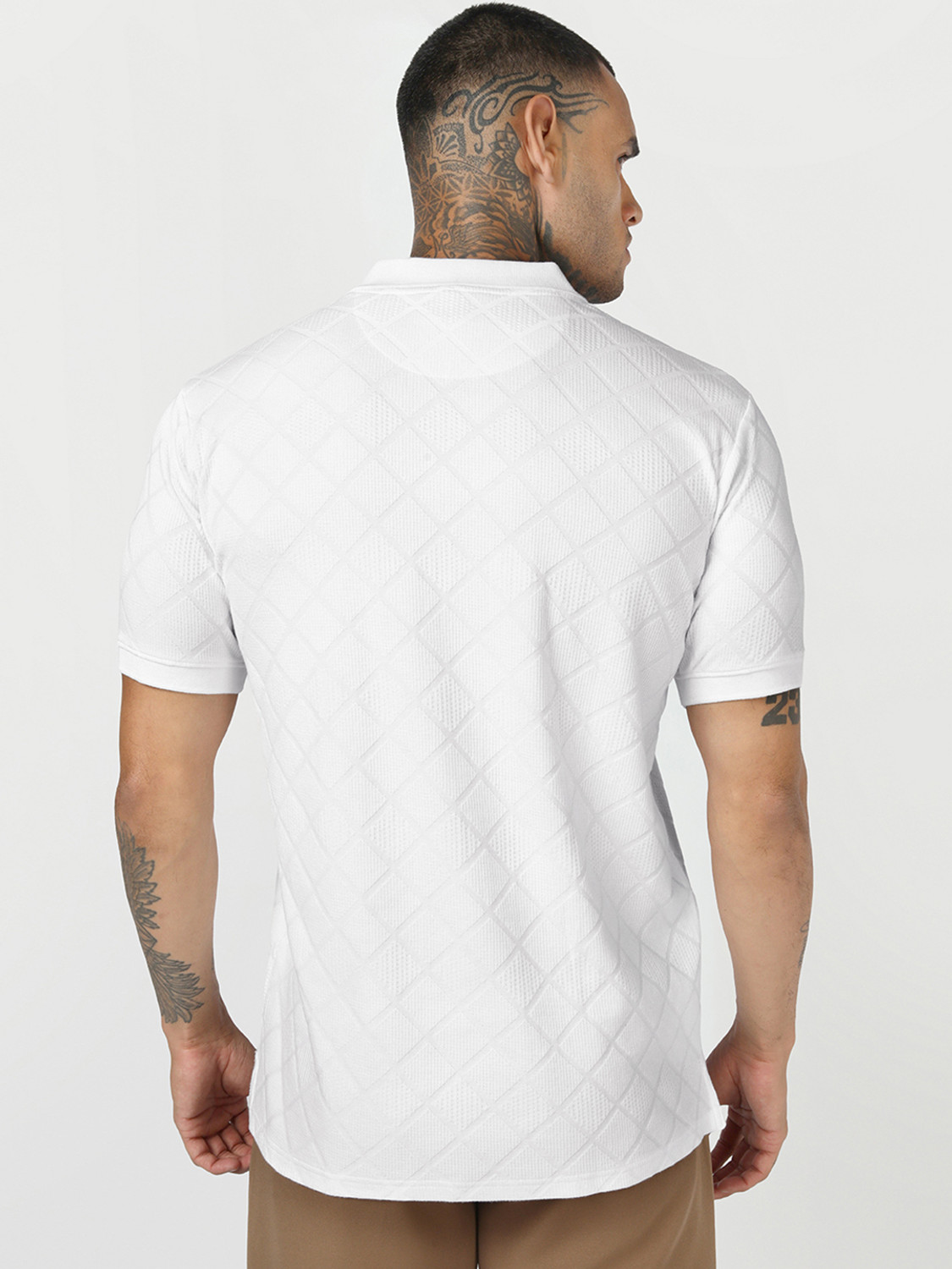 Image of BEWAKOOF Self Design Men Polo Neck White T-Shirt