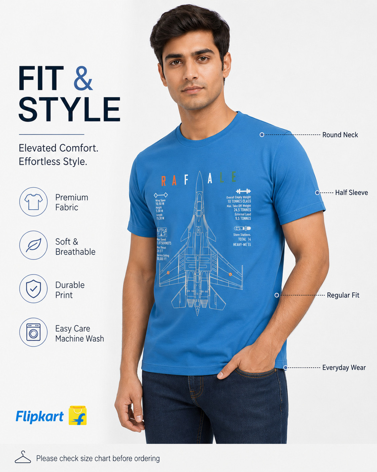 Image of WARRIOR WORLD Men Printed, Typography Round Neck Pure Cotton Blue T-Shirt