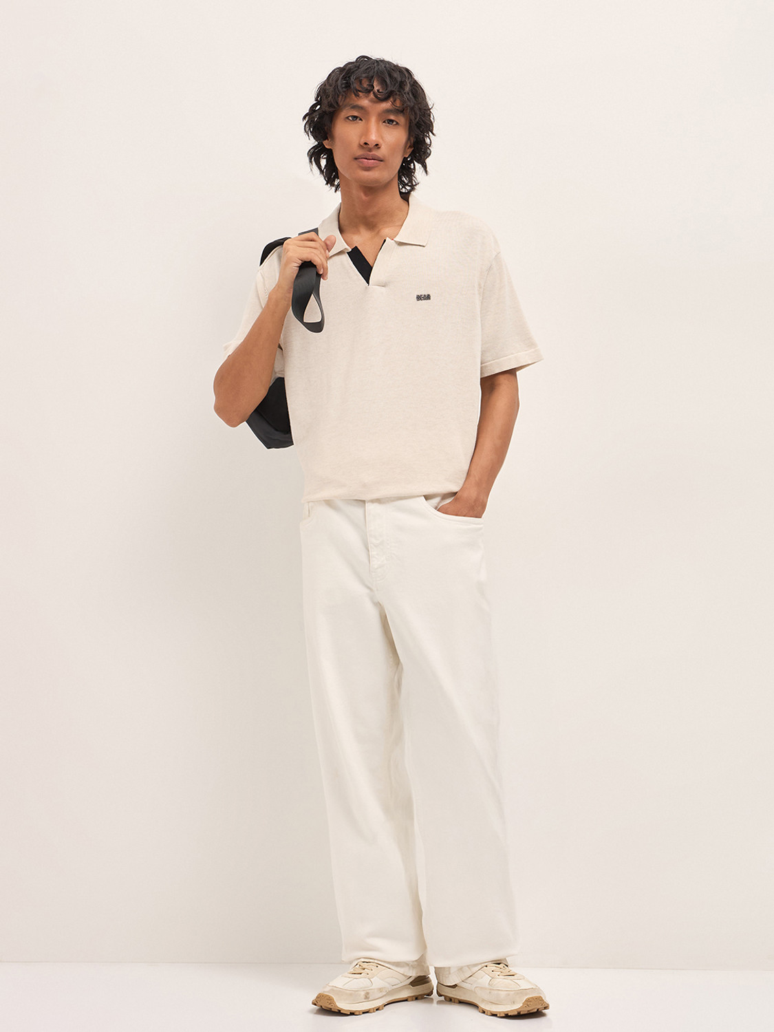 Image of THE BEAR HOUSE Solid Men Polo Neck Beige T-Shirt