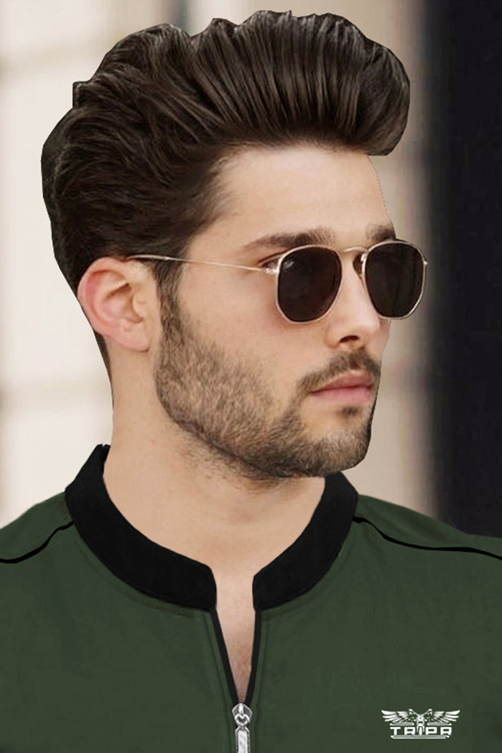 Image of TRIPR Solid Men Mandarin Collar Dark Green, Black T-Shirt